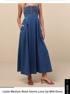 Lulu's Laylie Medium Wash Denim Lace-Up Maxi Dress - Blue